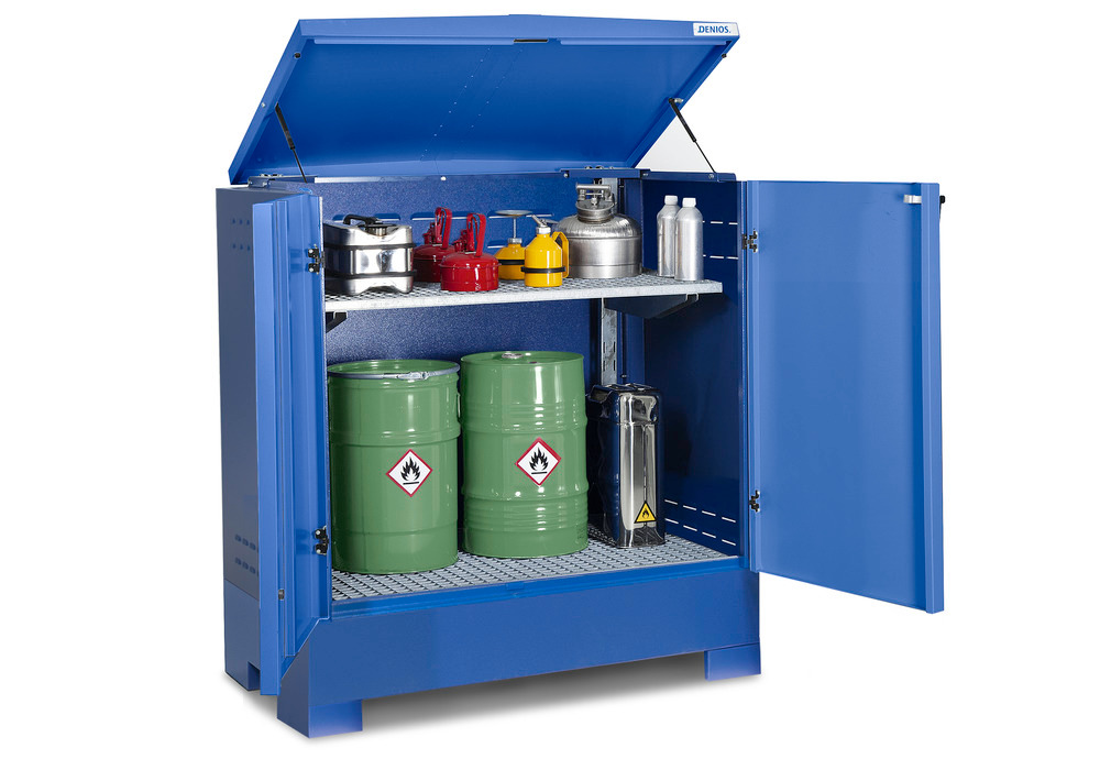 Einbauregale ermöglichen flexible Anpassungen an betriebsbedingte Erfordernisse, z.B. die Lagerung von Kleingebinden und 60-Liter-Fässern im Gefahrstoffdepot
