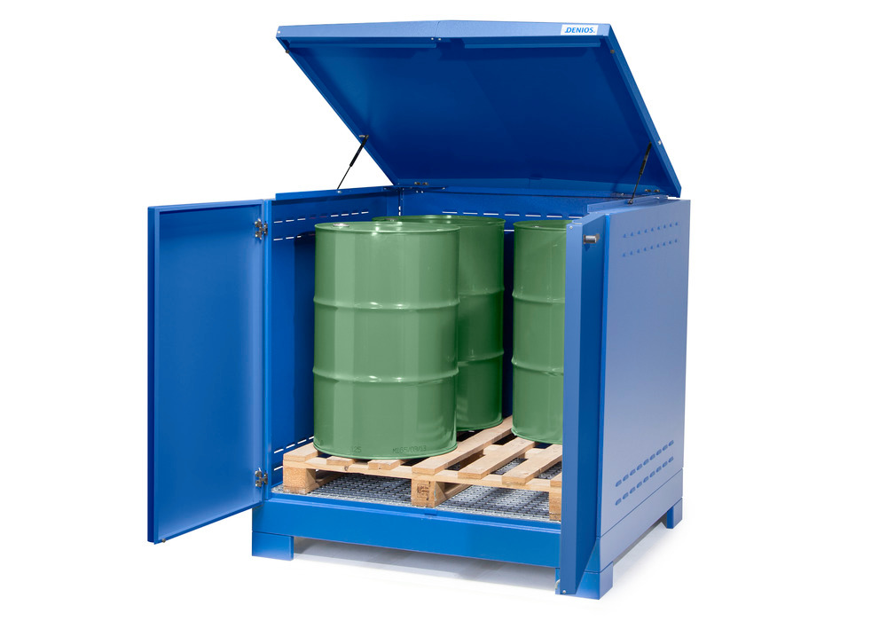 SteelSafe hazardous mats. depot D4, with doors and lid, for 4 drums on chemical pallet, 220 litres