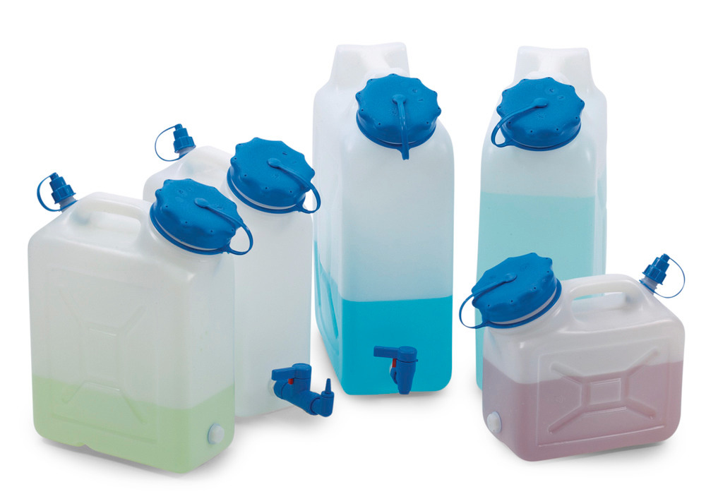 Las garrafas de boca ancha están también disponibles opcionalmente con rosca para conexión de un grifo de vaciado (ver accesorios)