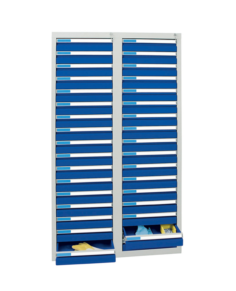 Laatikostokaappi Esta, jossa 34 vetolaatikkoa, harmaa/sininen, L 1000 mm, K 1800 mm