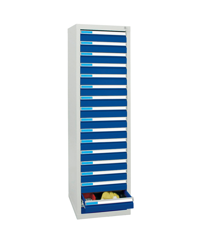 Laatikostokaappi Esta, jossa 17 vetolaatikkoa, harmaa/sininen, L 500 mm, K 1800 mm