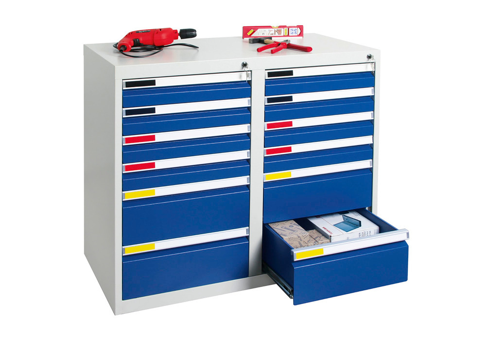 Drawer cabinet Movaflex 500, 12 drawers, light grey/gentian blue, W 1000 mm, H 900 mm