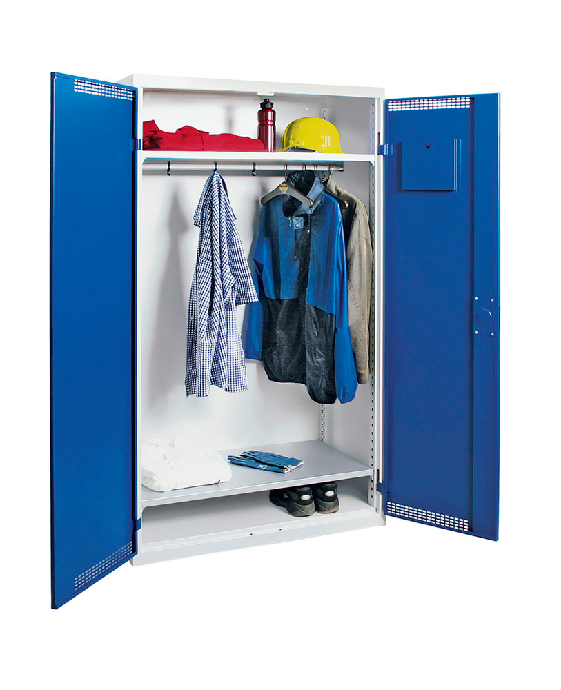 Vestiaire Esta, 2 étagères, corps en gris clair, portes en bleu gentiane, L 1000 mm, H 1800 mm