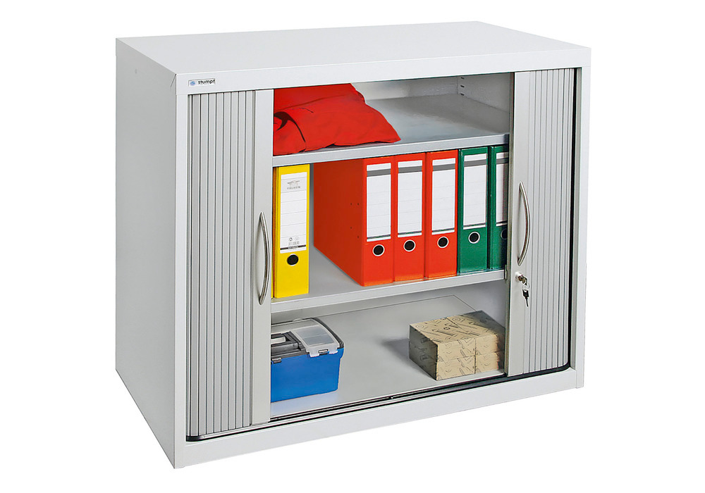 Roller shutter cabinet Esta, 2 shelves, body light grey, shutter white alu, W 1000 mm, H 900 mm