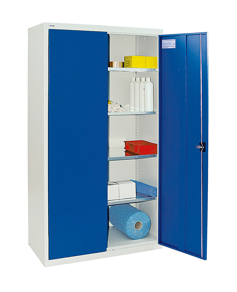 Skap Esta med fløydører, 4 galvaniserte hyller, lysegrått kabinett, blå dør, B 1000 mm, H 1800 mm