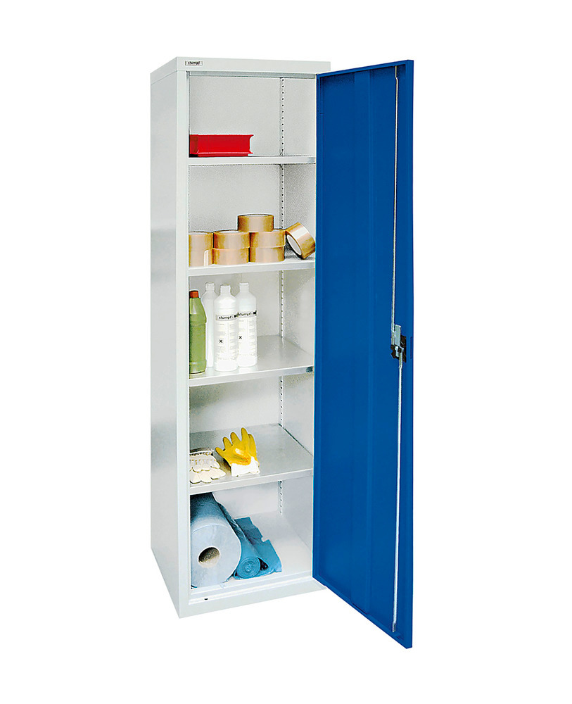 Skap Esta med fløydører, 4 galvaniserte hyller, lysegrått kabinett, blå dør, B 500 mm, H 1800 mm