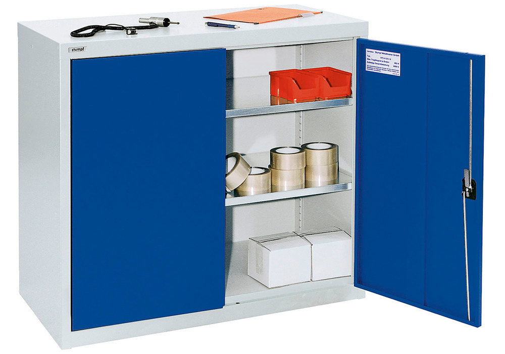 Skap Esta med fløydører, 2 galvaniserte hyller, lysegrått kabinett, blå dør, B 1000 mm, H 900 mm