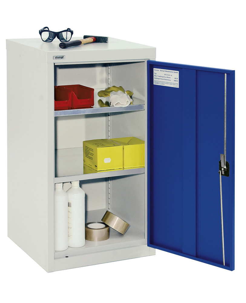 Wing door cabinet Esta, 2 galv. shelves body light grey, door blue, W 500 mm, H 900 mm
