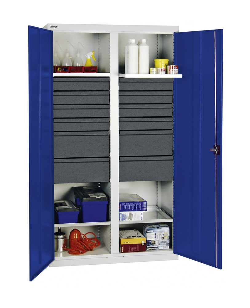 Tool and equipment cabinet Professional 3000, 12 drawers, 4 spill trays, grey/blue, W 1000 mm