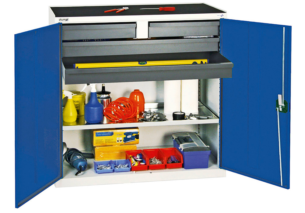 Werkzeug- u. Materialschrank Professional 3000, m. 4 Schubladen, 1 Wannenboden, grau/blau, B 1000 mm