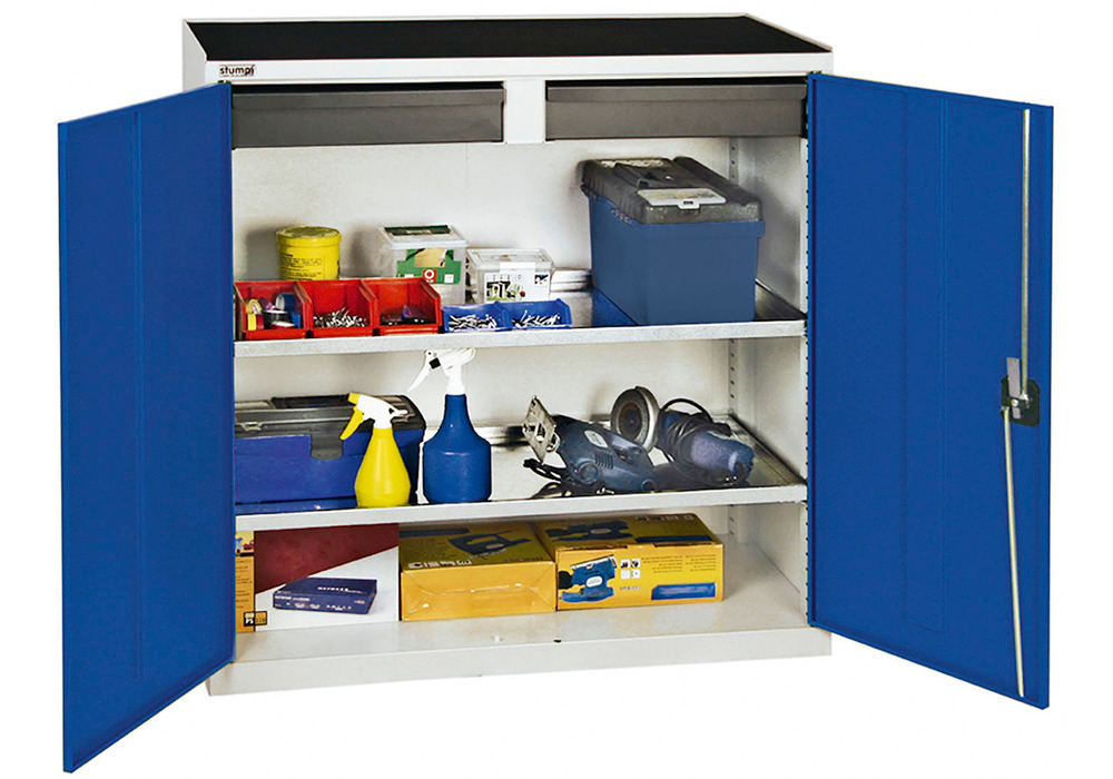 Armoire pour matériel Professionnel 3000, 2 tiroirs, 2 bac-étagères, gris/bleu, L = 1000 mm