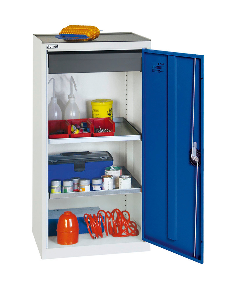 Tool and equipment cabinet Professional 3000, 1 drawer, 2 spill trays, grey/blue, W 500 mm