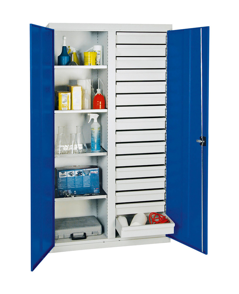 Armário ferramentas e materiais Professional 2000, 16 gavetas e 4 estantes, cinza/azul, A 1000 mm