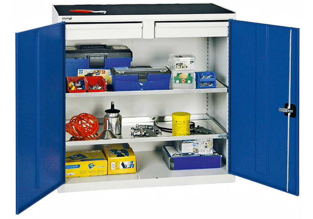 Tooling and equipment cabinet Professional 2000, 2 drawers and 2 shelves, grey/blue, W 1000 mm
