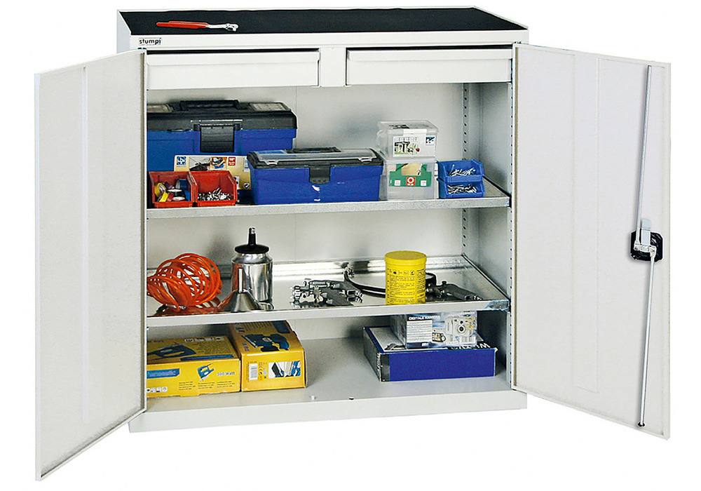 Armoire pour matériel Professionnel 2000, 2 tiroirs et 2 étagères, gris, L = 1000 mm