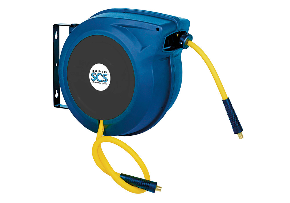 Hose reel for air hose, plastic, nominal width DN 10, 20 m PU hose, blue, swivel