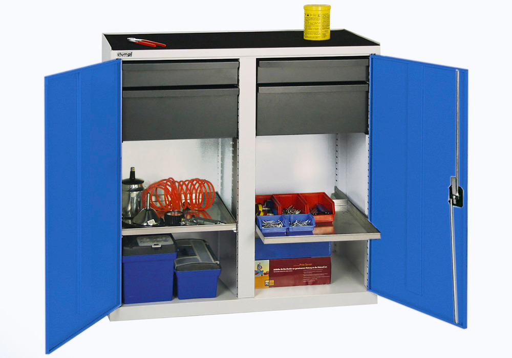 Tool and equipment cabinet Professional 3000, 4 drawers, 2 spill trays, grey/blue, W 1000 mm