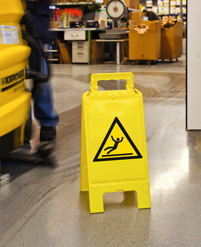 Warning sign yellow, plastic, for marking hazard areas, slip symbol