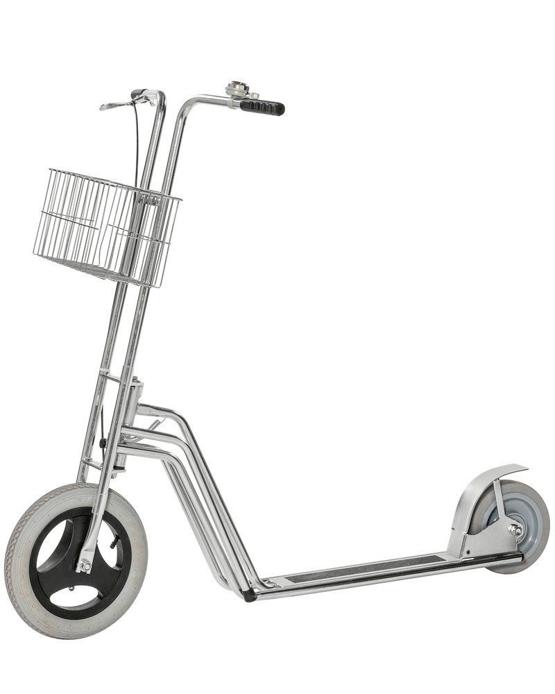 Prepravná kolobežka s košíkom typ KM Scooter, 2 kolieska, so zvončekom a ručnou brzdou