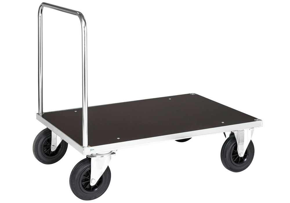 Platform trolley KM with handle, galv., MDF coated board, 500Kg, 1200x800 mm, solid rubber, brake