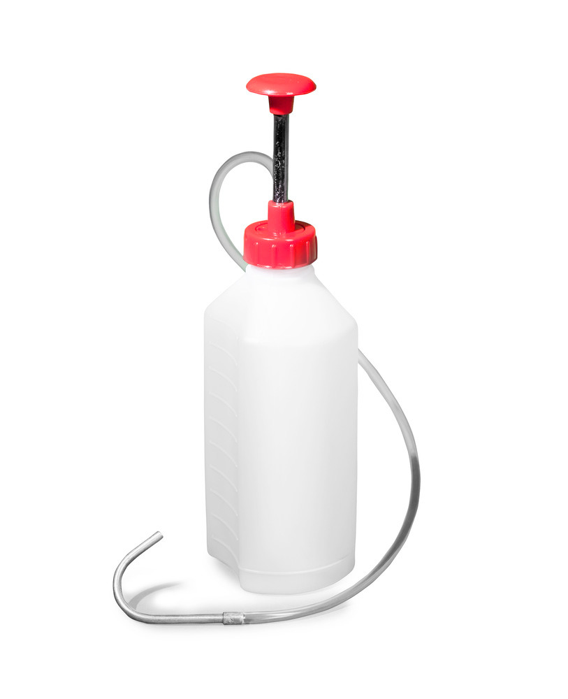 Botella PE con unidad de bombeo y manguera de desagüe flexible con punta aluminio, volumen 1 litro