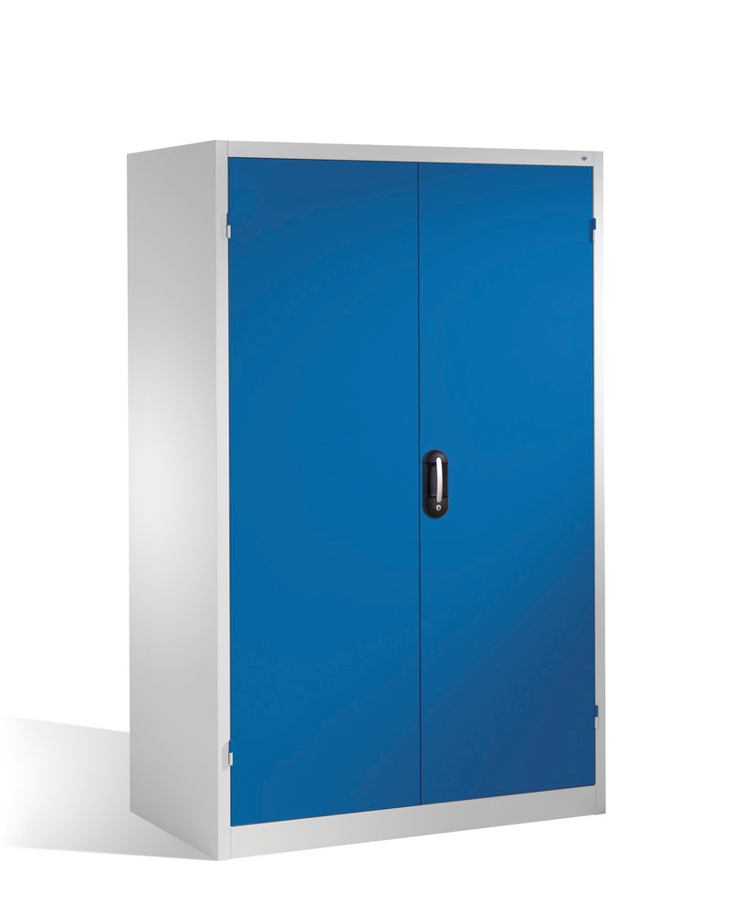 Ciężka szafa narzędziowa Cabo, drzwi obrotowe, 4 półki, sz.1200, gł.800, wys.1950mm, szaro-niebieska
