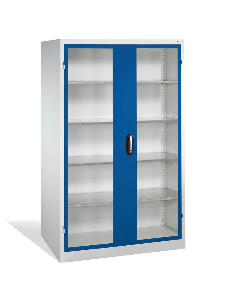 Tooling equipment cabinet Cabo, wing drs, 4 shelv, view. window, W 1200, D 600, H 1950 mm, grey/blue