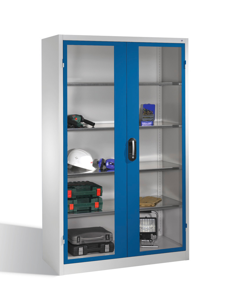 Tooling equipment cabinet Cabo, wing drs, 4 shelv, view. window, W 1200, D 500, H 1950 mm, grey/blue