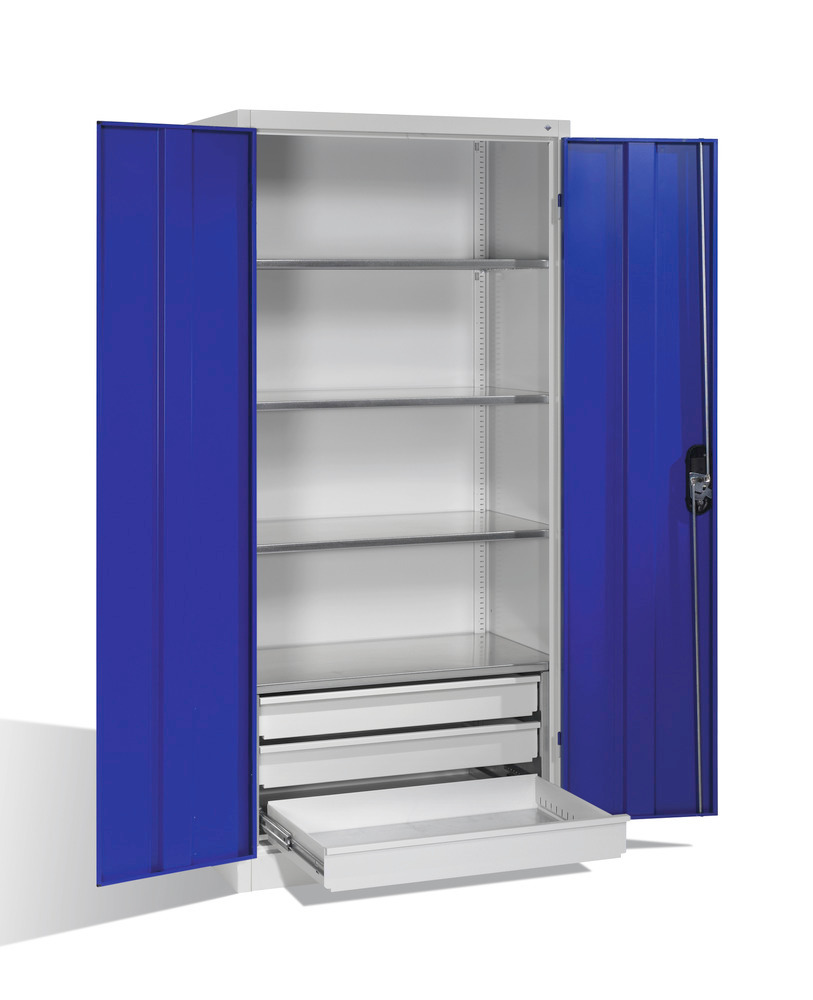Tooling and equipment cabinet Cabo, wing doors and drawers, W 930, D 500, H 1950 mm, grey/blue