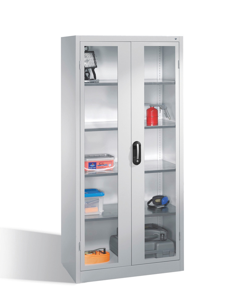 Tooling equipment cabinet Cabo, wing drs, view window, 4 shelves, W 930, D 500, H 1950 mm, grey
