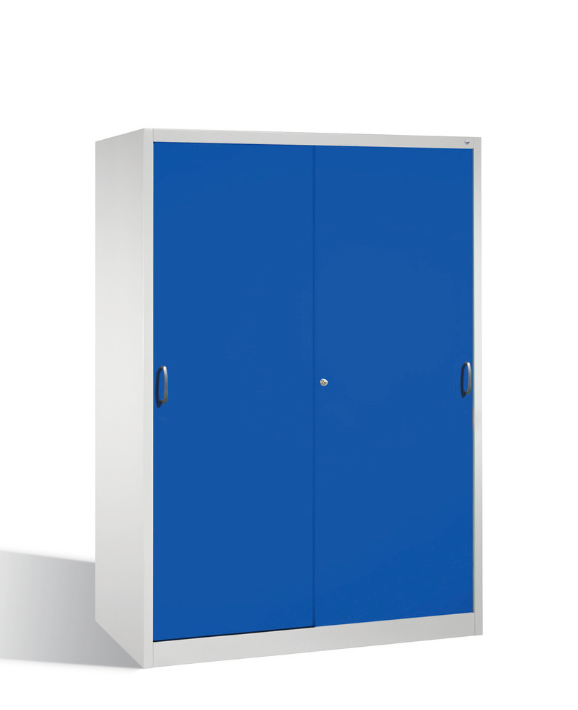 Armoire pour matériel Cabo, portes coulissantes, 8 étagères, L 1600, P 600, H 1950, gris/bleu