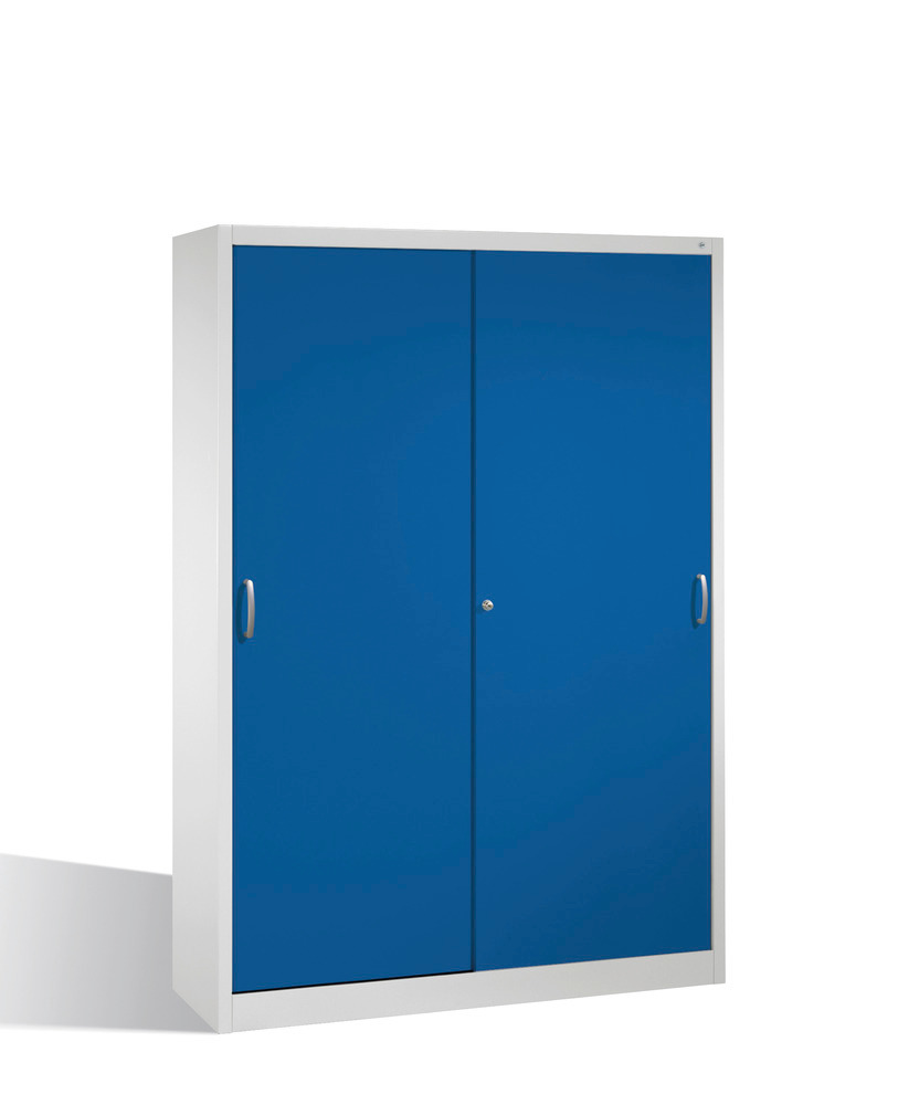 Tool storage cabinet Cabo with sliding doors, 8 shelves, W 1600, D 400, H 1950 mm, grey/blue
