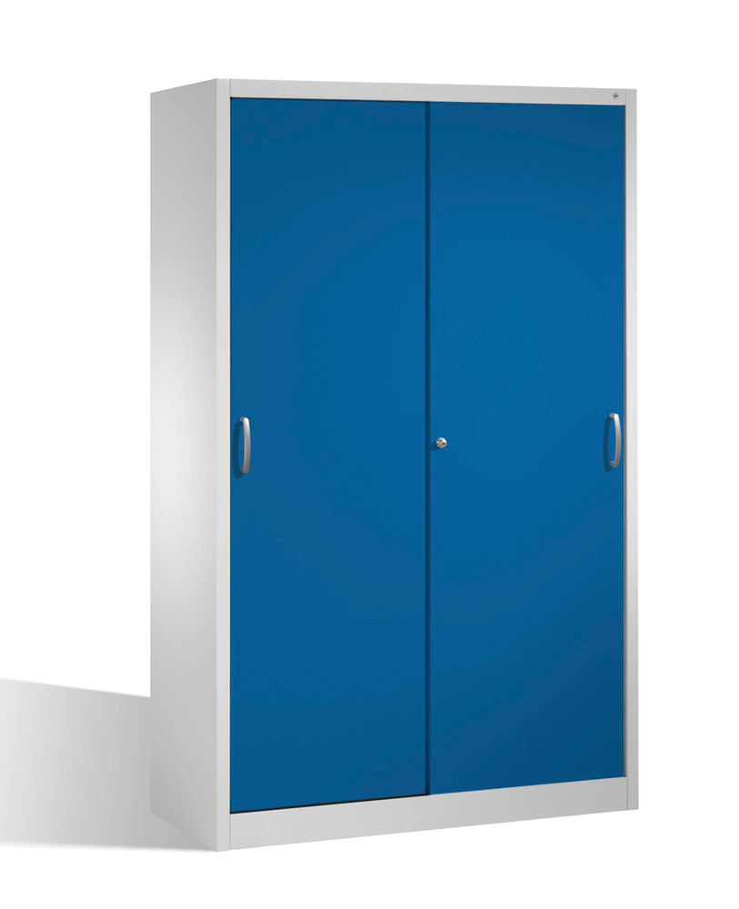 Tool storage cabinet Cabo with sliding doors, 4 shelves, W 1200, D 600, H 1950 mm, grey/blue