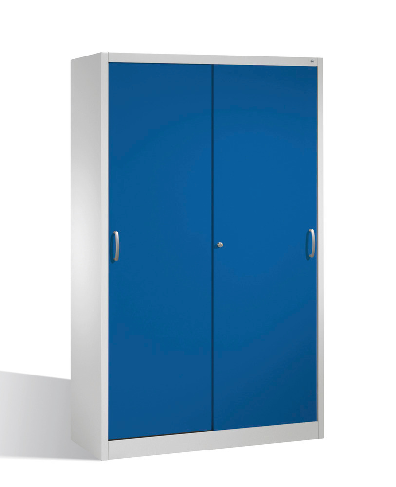 Armoire pour matériel Cabo, portes coulissantes, 4 étagères, L 1200, P 500, H1950, gris/bleu