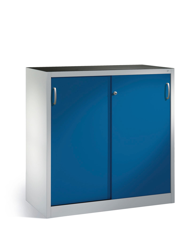 Tool storage cabinet Cabo with sliding doors, 2 shelves, W 1200, D 500, H 1200 mm, grey/blue