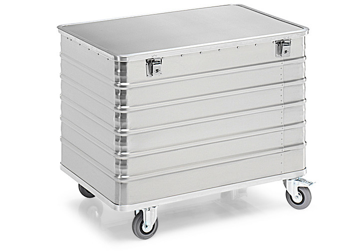 Transport container TW 415-B, with lid, 4 closed sides, 2 swivel and 2 fixed wheels, 415 litres