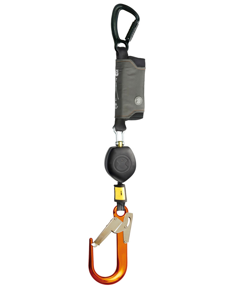 Fall arrest equipment Peanut I, for lift platforms, with plastic housing and belt strap, length 1.8m