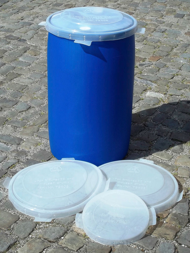 Tampas para bidão de 60 litros em PE, com 4 flanges de fixação, cor natural transparente, pack 5