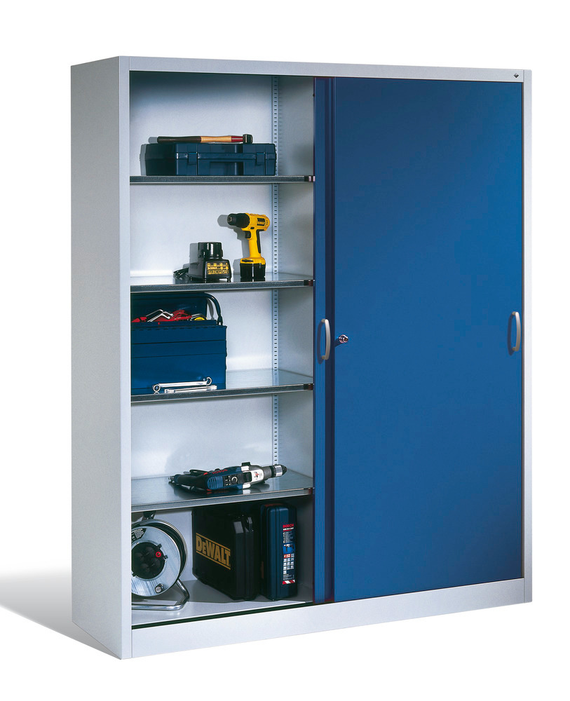 Tool storage cabinet Cabo with sliding doors, 4 shelves, W 1200, D 400, H 1950 mm, grey/blue