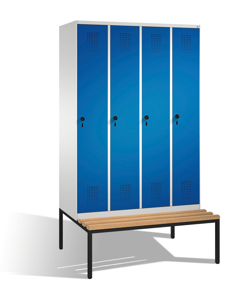 Garderobeskab Evolo med bænk, 4 sektioner, B 1200, D 500/815, H 2090 mm, grå/blå