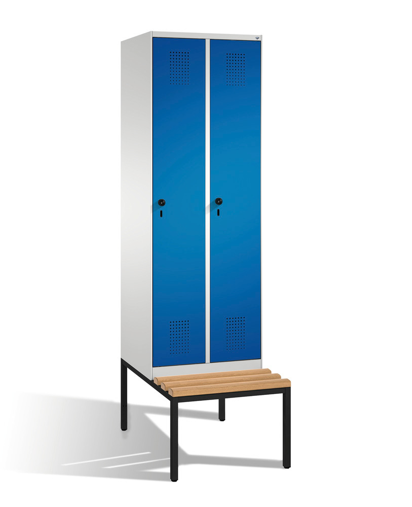 Garderobeskab Evolo med bænk, 2 sektioner, B 600, D 500/815, H 2090 mm, grå/blå