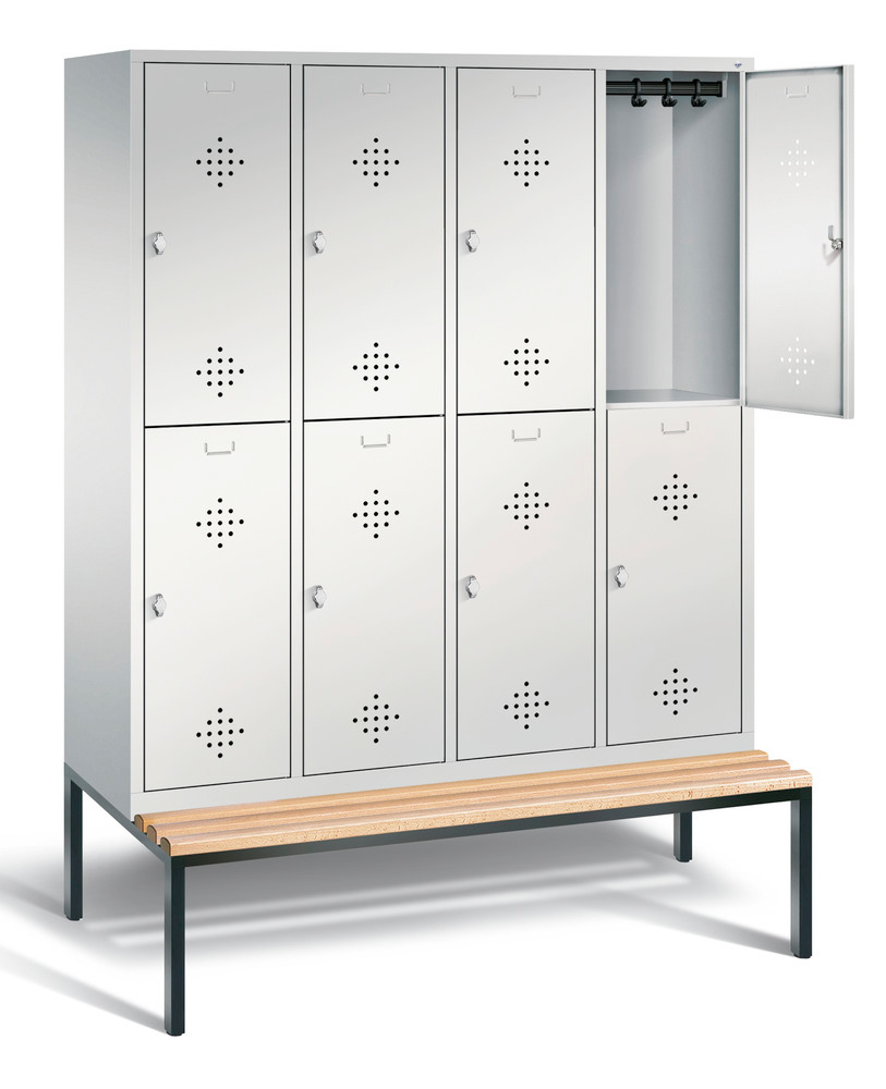 Double locker with bench Cabo, 8 compartments, W 1590, H 2090, D 500/815, grey/grey