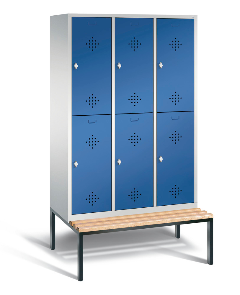 Double locker with bench Cabo, 6 compartments, W 1200, H 2090, D 500/815, grey/blue