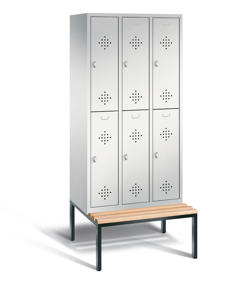 Double locker with bench Cabo, 6 compartments, W 900, H 2090, D 500/815, grey/grey