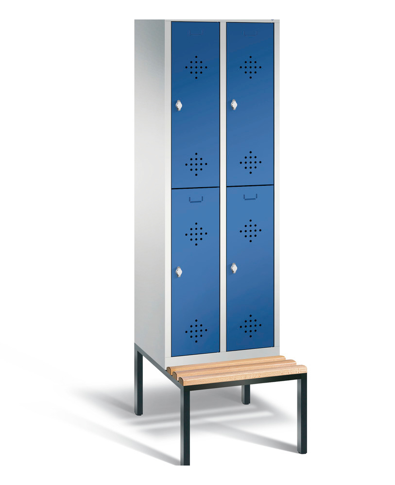 Double locker with bench Cabo, 4 compartments, W 610, H 2090, D 500/815, grey/blue