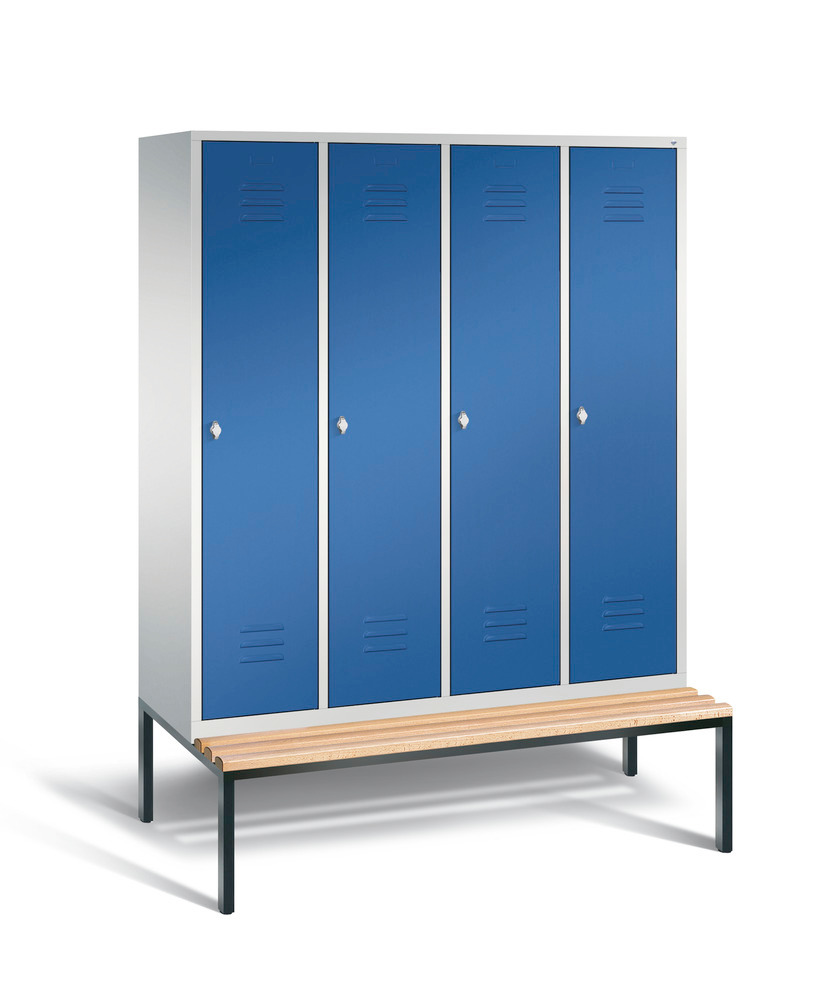 Locker with bench Cabo, 4 compartments, W 1590, H 2090, D 500/815, grey/blue