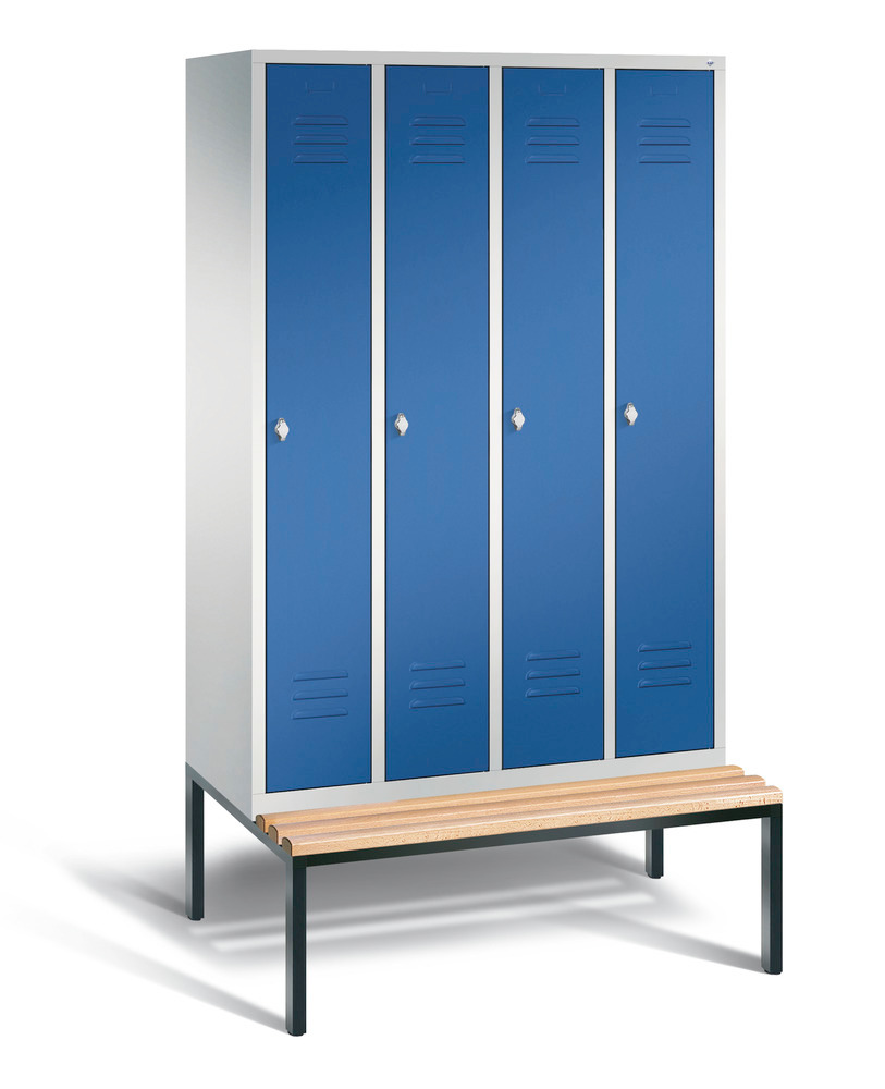 Locker with bench Cabo, 4 compartments, W 1190, H 2090, D 500/815, grey/blue