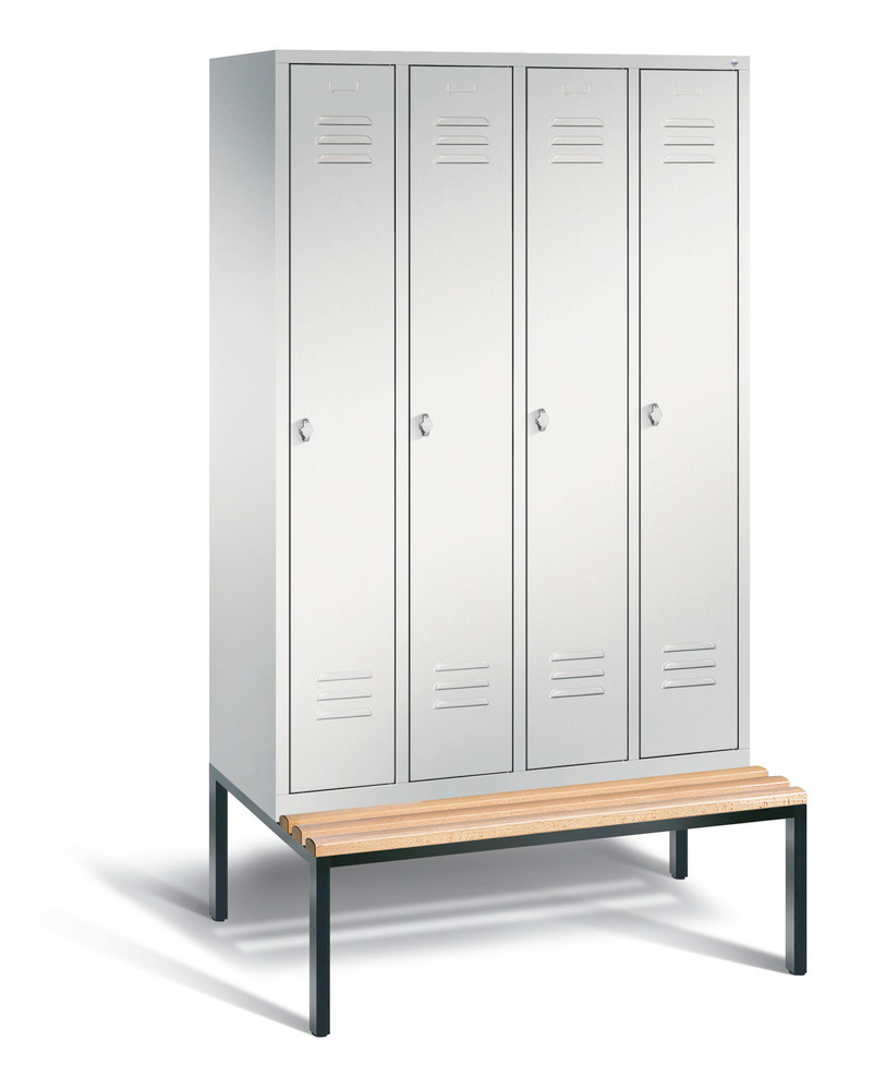 Locker with bench Cabo, 4 compartments, W 1190, H 2090, D 500/815, grey/grey