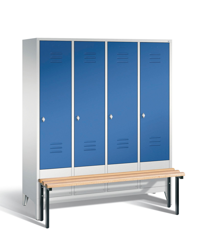 Locker with bench Cabo, 4 compartments, W 1590, H 1850, D 500/815, grey/blue