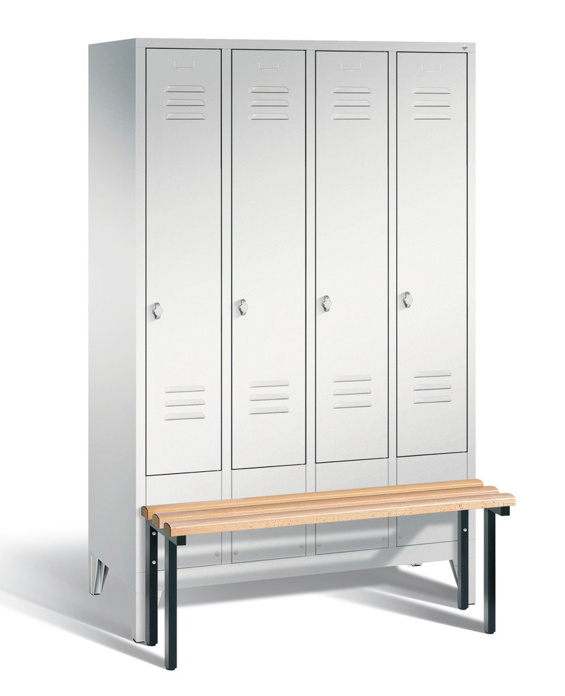 Locker with bench Cabo, 4 compartments, W 1190, H 1850, D 500/815, grey/grey